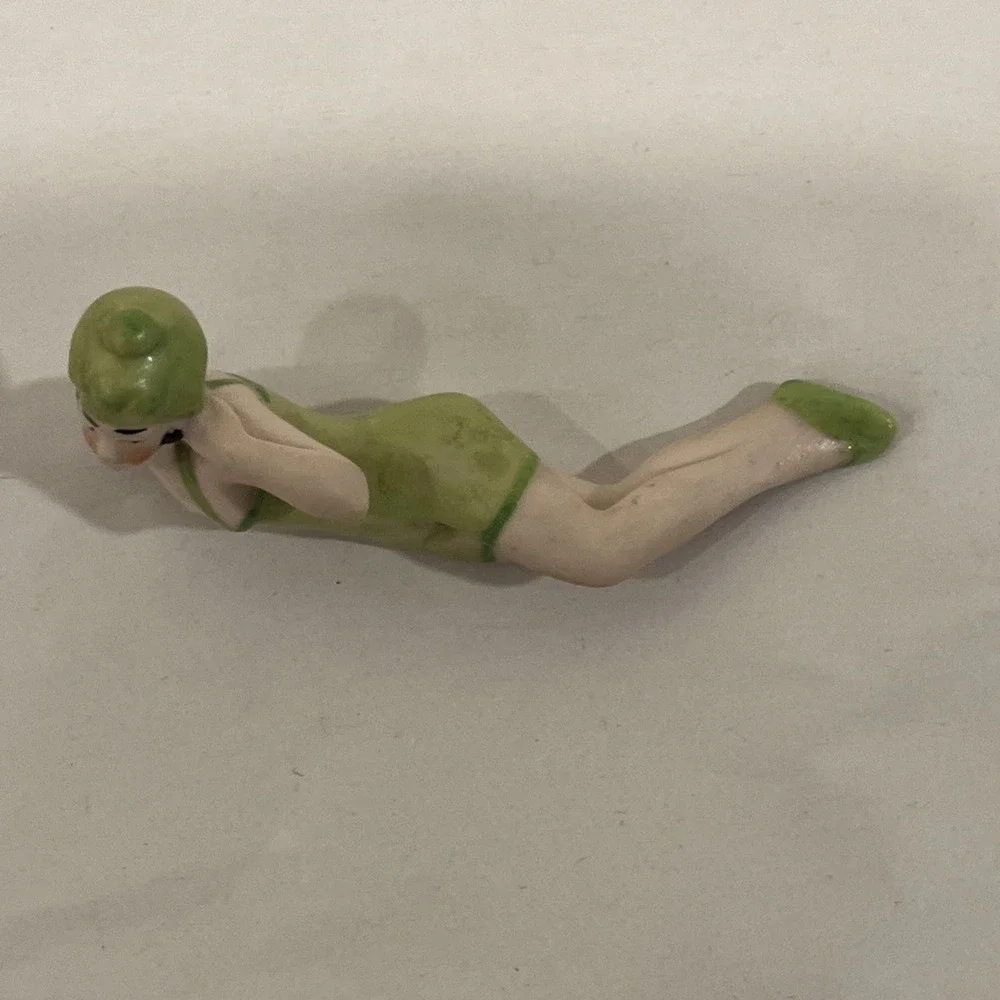 Antique German Art Deco Bisque Bathing Beauty Green Suit Cap Laying Germany 5684